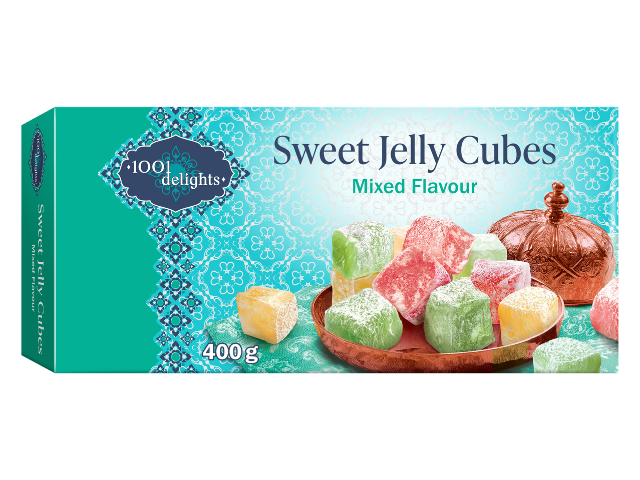 1001 Delights zoete gelei blokjes, gemengde smaken, 400g.