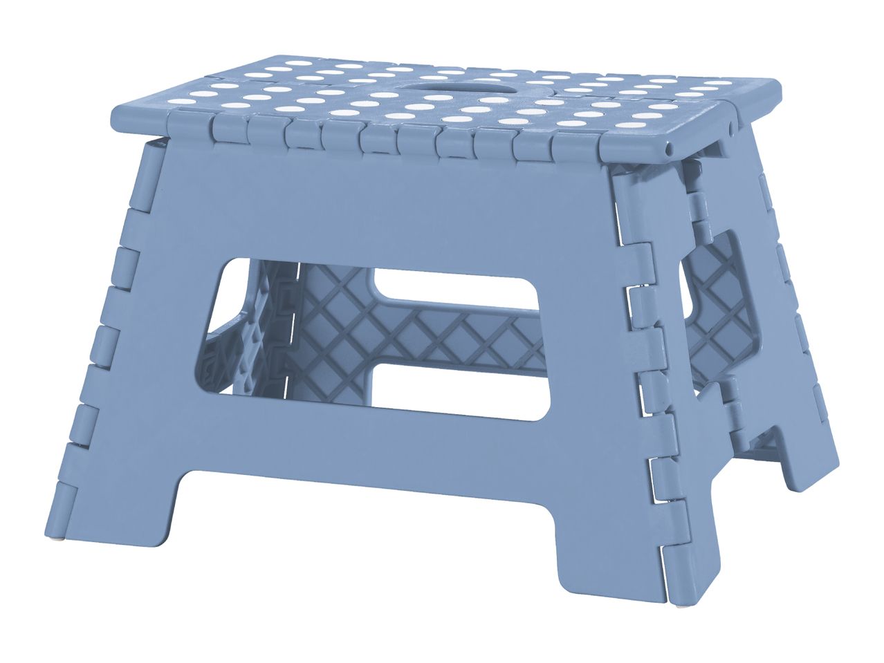 Light blue foldable step stool with white anti-slip dots on the top surface.