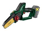 Cordless mini chainsaw with a yellow guide bar and a red tensioning knob.