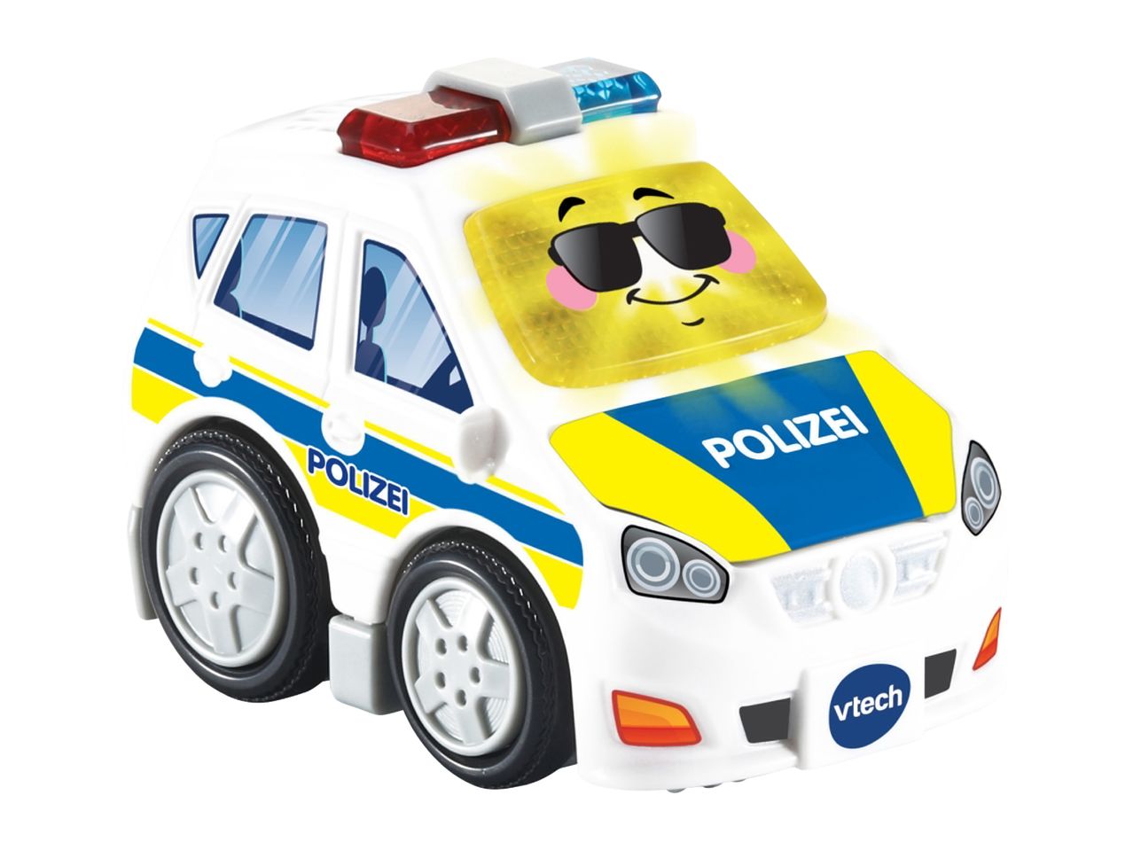 A white VTech toy police car with blue and yellow stripes and a smiling face on the windshield.
