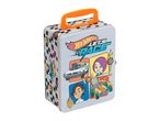 Grey metal lunchbox with an orange handle, featuring cartoon racers and cars, and the text 'LET'S RACE'.
