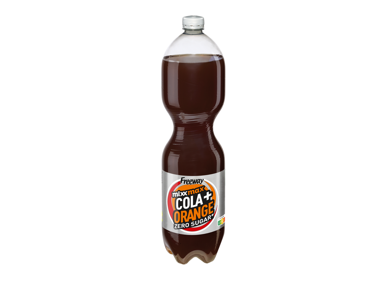 Eine 1,5-Liter-Flasche Freeway mixxmax Cola + Orange ohne Zucker.