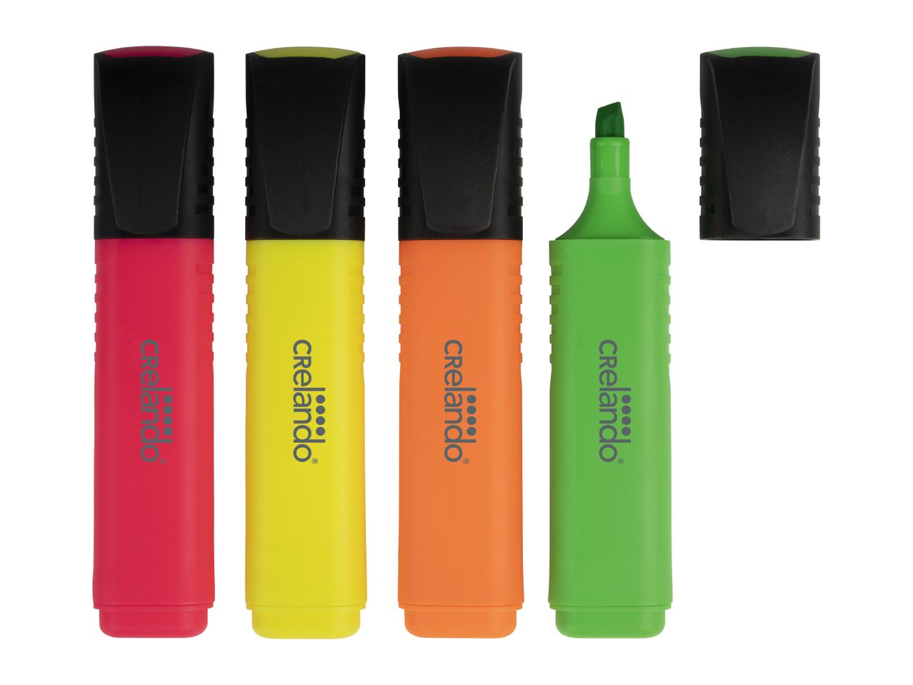Four colorful highlighters in red, yellow, orange, and green, with one open.