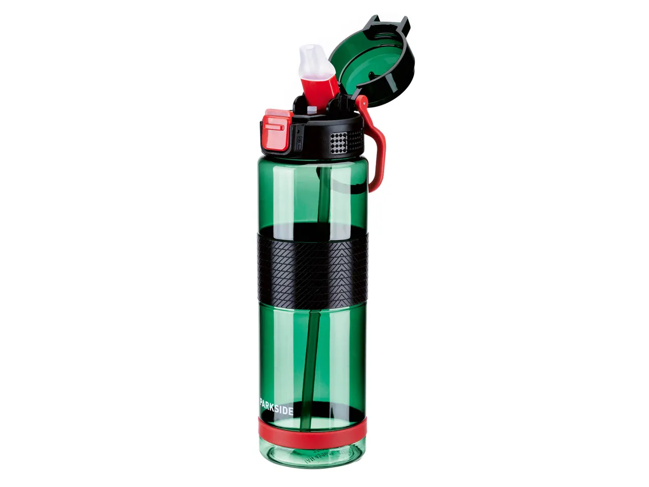 Borraccia sportiva Parkside verde con coperchio nero, cannuccia e dettagli rossi.