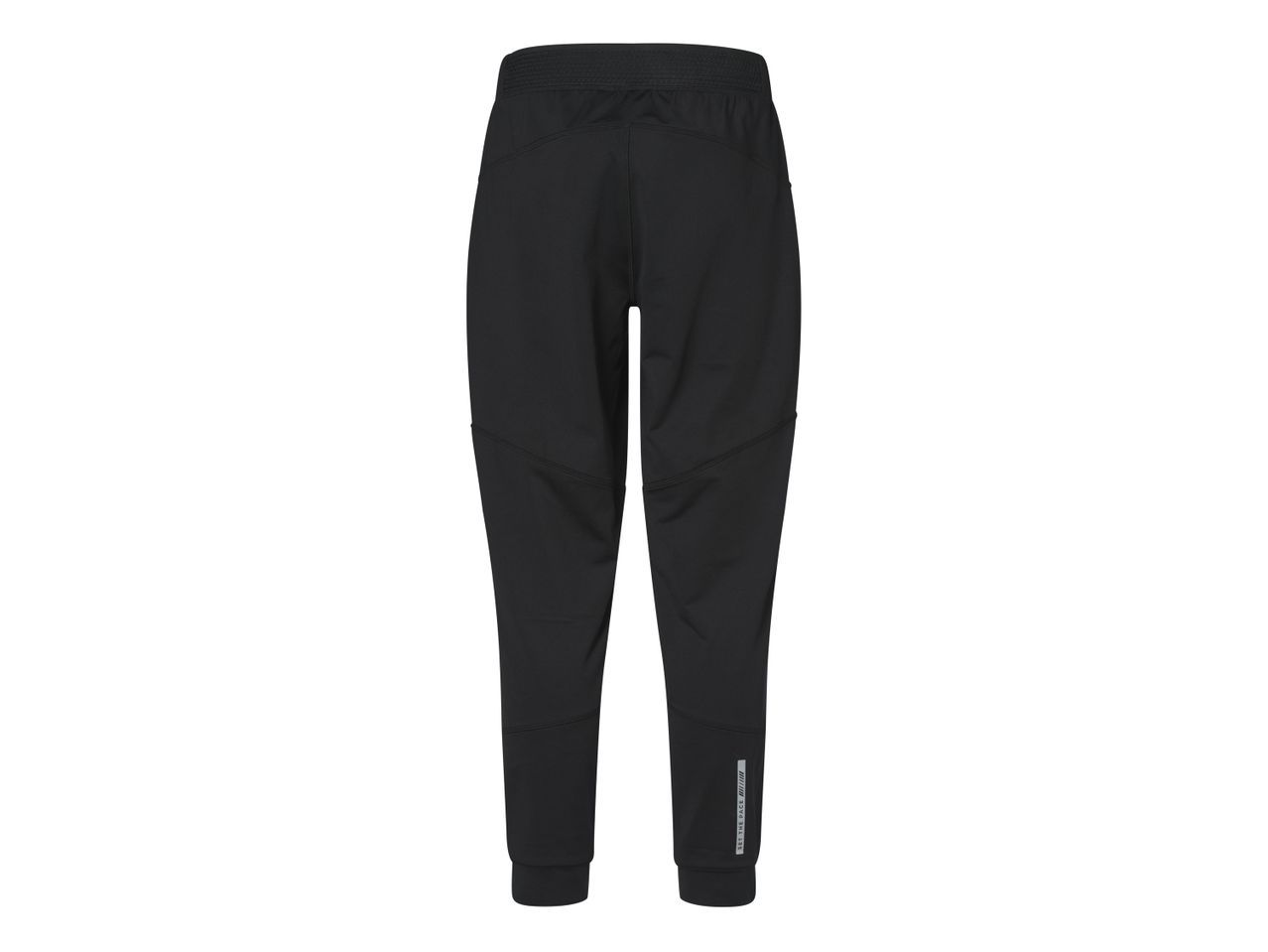 Black men's sports trousers with elasticated waist and cuffs, back view