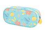Light blue pencil case with a tropical pattern of hibiscus flowers, seashells, and leaves.