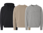 Tre Urban Drift tröjor: en svart huvtröja, en beige och en gråmelerad sweatshirt.