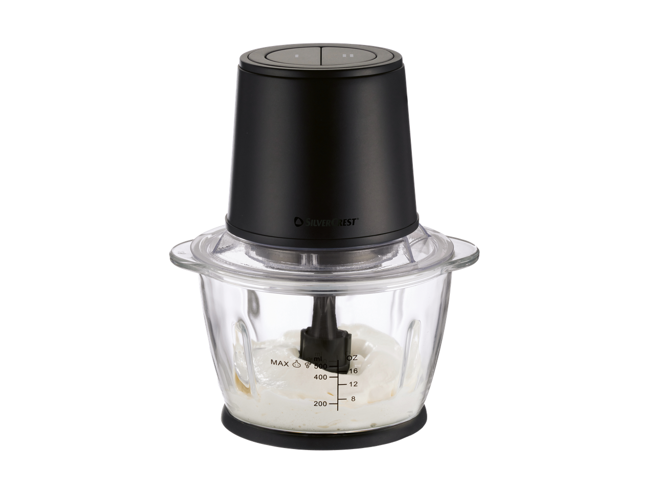 Melns elektriskais smalcinātājs ar stikla bļodu, pildīts ar baltu krēmu
