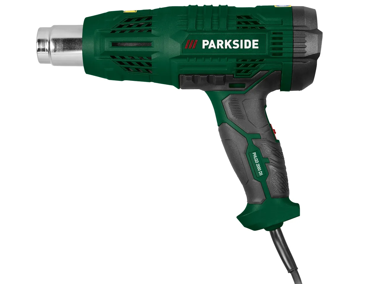 Зелен пистолет за горещ въздух Parkside® с черен захват и сребрист накрайник.