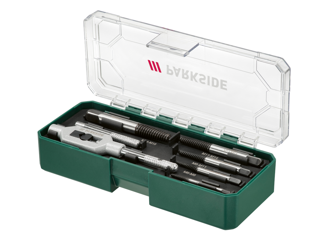 PARKSIDE varžtų ištraukiklių rinkinys su sriegikliu ir įvairiais ištraukikliais žaliame dėkle.