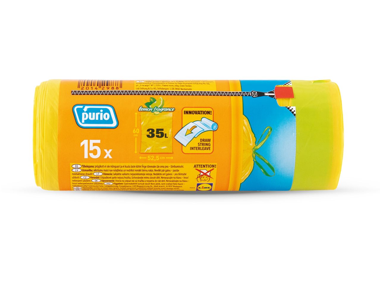 Roll of 15 Purio lemon-scented 35L drawstring garbage bags.