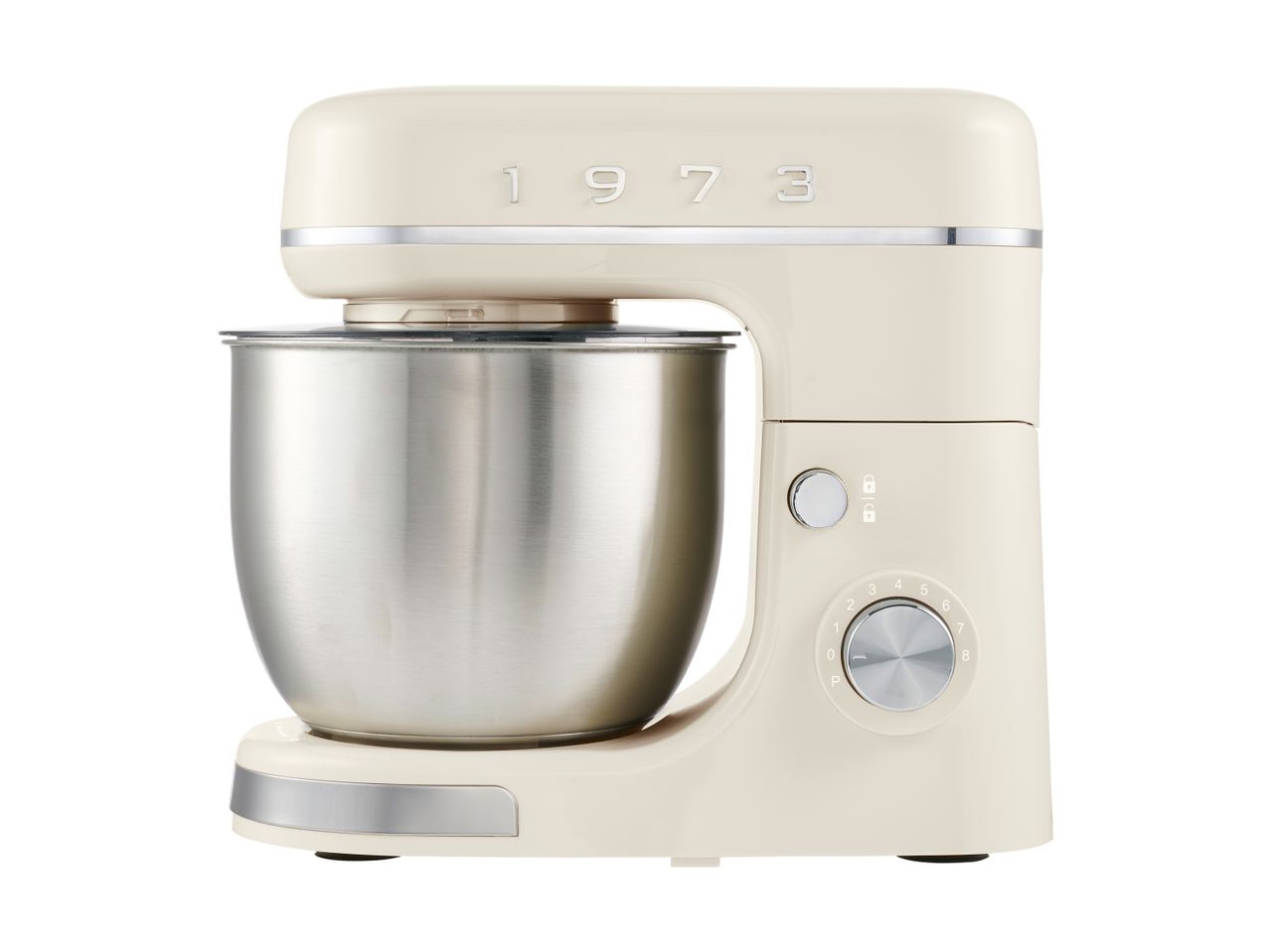 Cream-colored stand mixer with a stainless steel bowl and a dial with numbers.