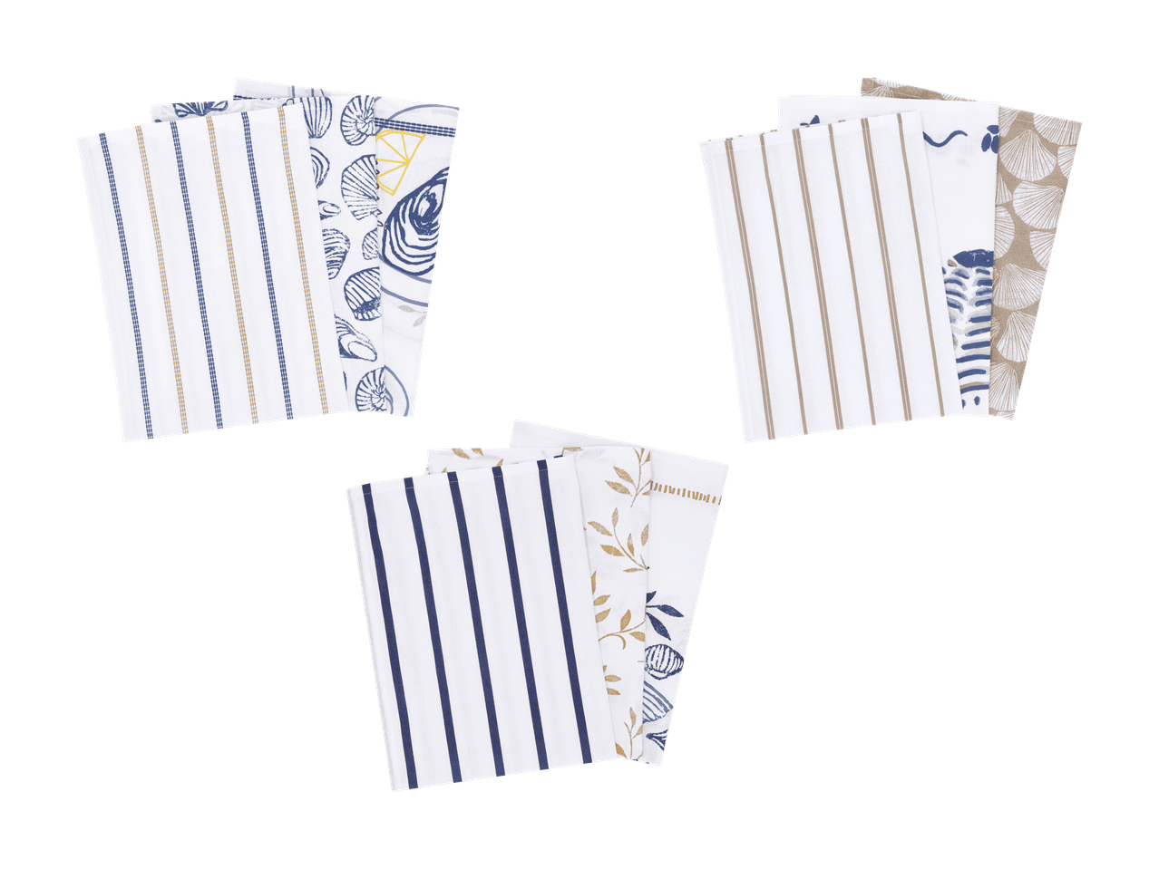 Drei Sets Küchentücher mit Streifen-, Muschel- und Blattmustern in Blau, Braun und Weiß.