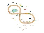 Wooden toy train set with two trains, a pond, and scattered accessories on a white background.