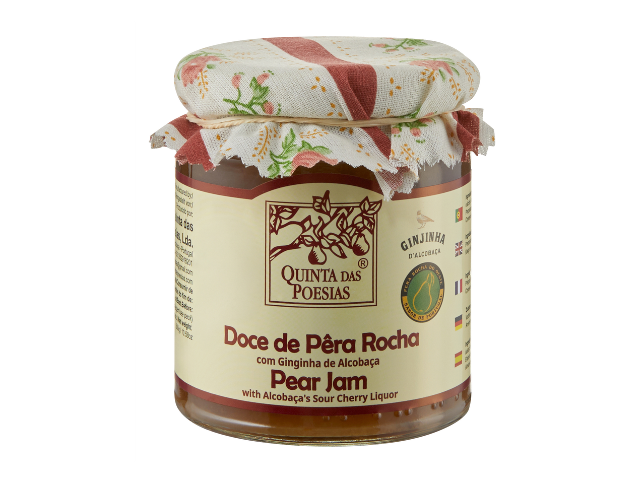 Pot perenjam met kersenlikeur, bedekt met een stoffen deksel met bloemenpatroon.