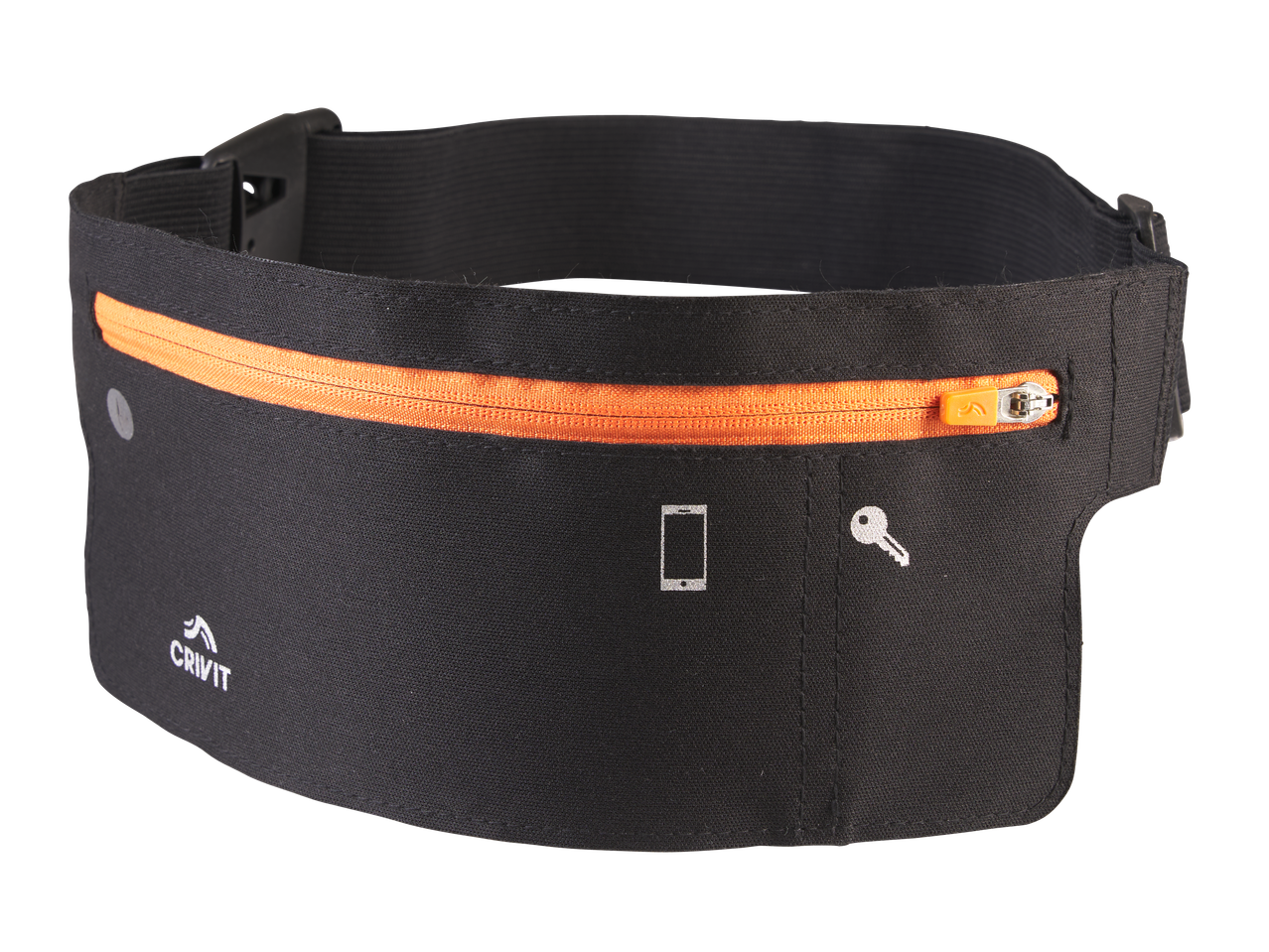 CRIVIT tekaški pas z oranžno zadrgo, simboli telefona in ključa