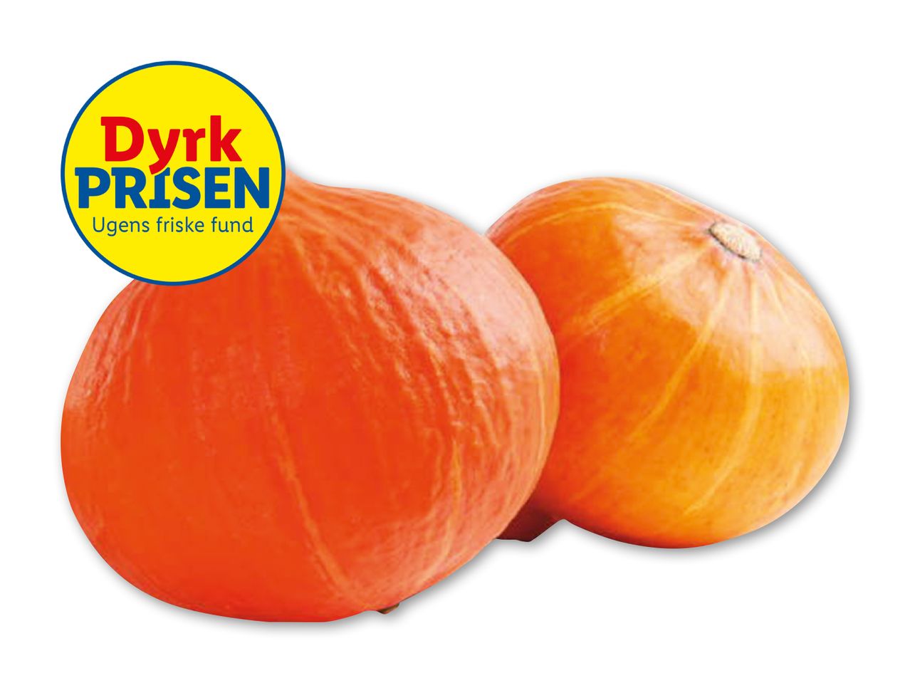To orange græskar med et gult mærke, der siger 'Dyrk PRISEN Ugens friske fund'.