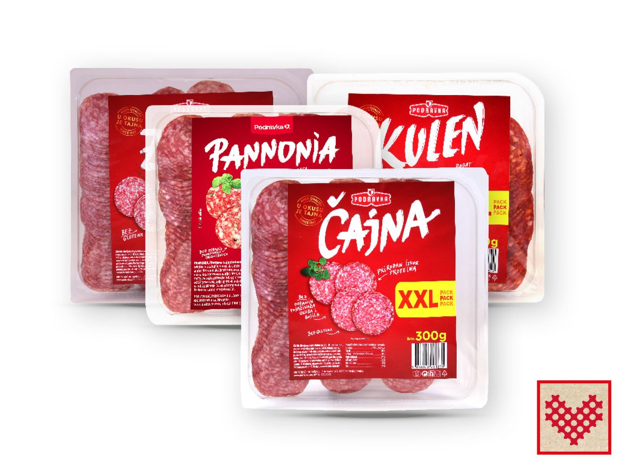 Pakiranja narezane salame Podravka Čajna, Pannonia i Kulen.