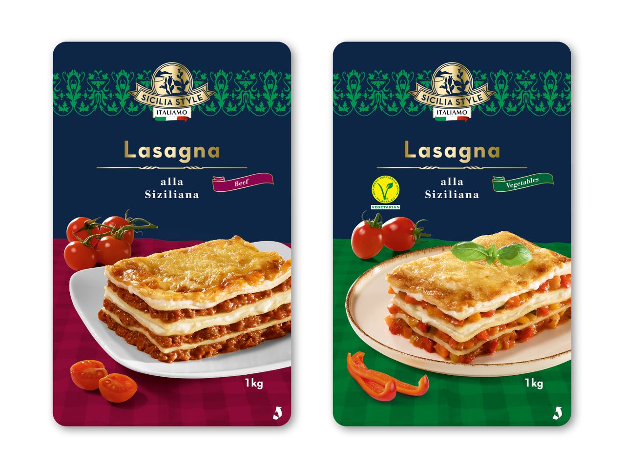 To pakker lasagne: en med oksekød og en vegetarisk med grøntsager, begge i siciliansk stil.