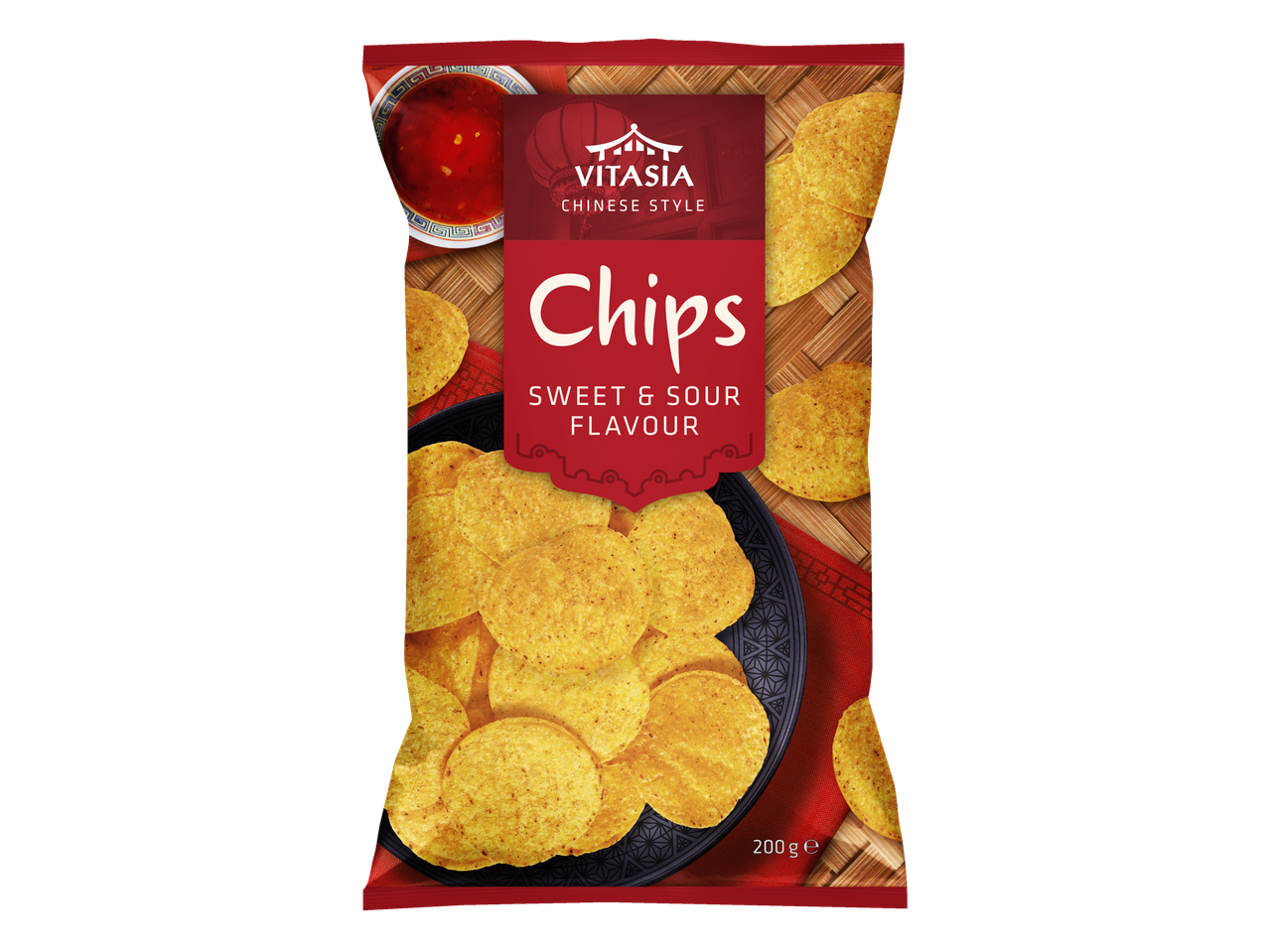 Chipsuri Vitasia stil chinezesc, aromă dulce-acrișoară, în pungă.