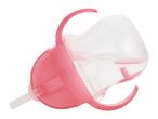 Pink baby sippy cup with handles and a straw, partially filled with water.