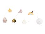 Halloween string lights with pumpkin, haunted house, witch hat, cauldron, ghost, and witch girl.