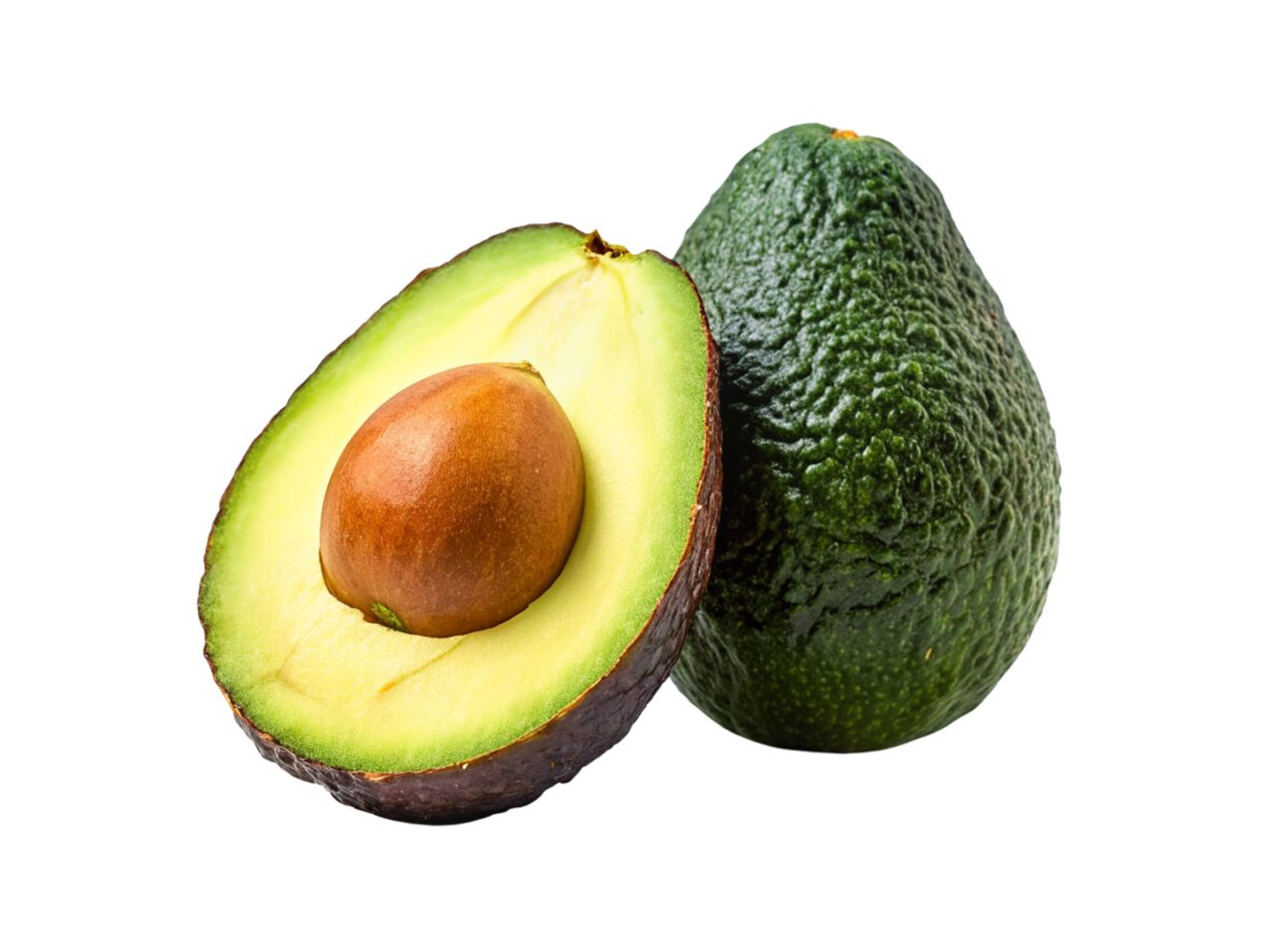 Avokado, viens pārgriezts uz pusēm, atklājot kauliņu.