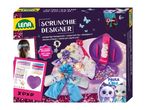 Scrunchie designer kit with fabrics, charms, and tools for making unique hair ties, featuring cute animal characters.