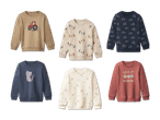 Sechs Kinderpullover mit verschiedenen Mustern und Aufdrucken