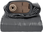 A gray inflatable sleeping pad with a built-in pump is shown folded.