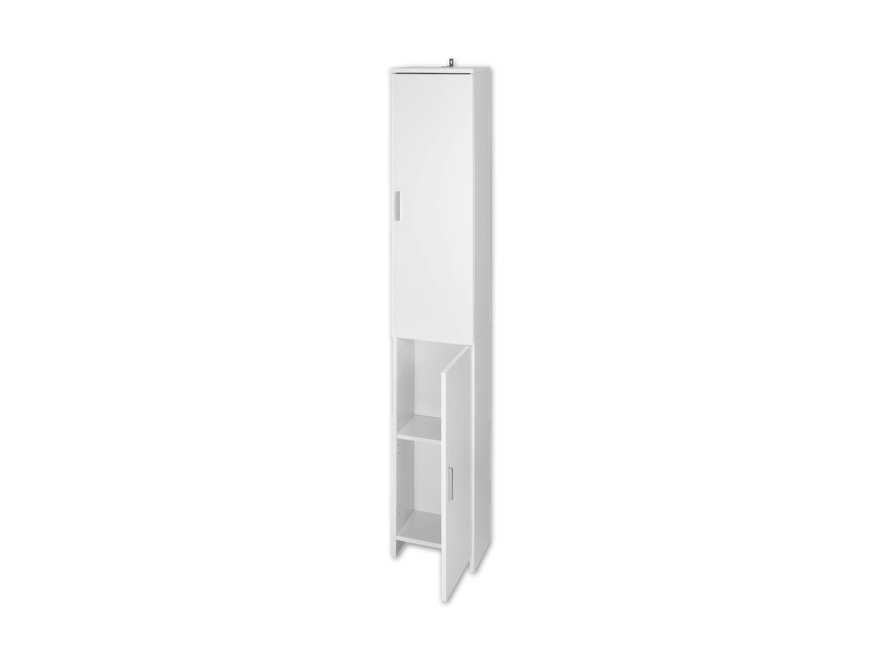 Weißer, schlanker Schrank mit Lüftungsschlitzen.