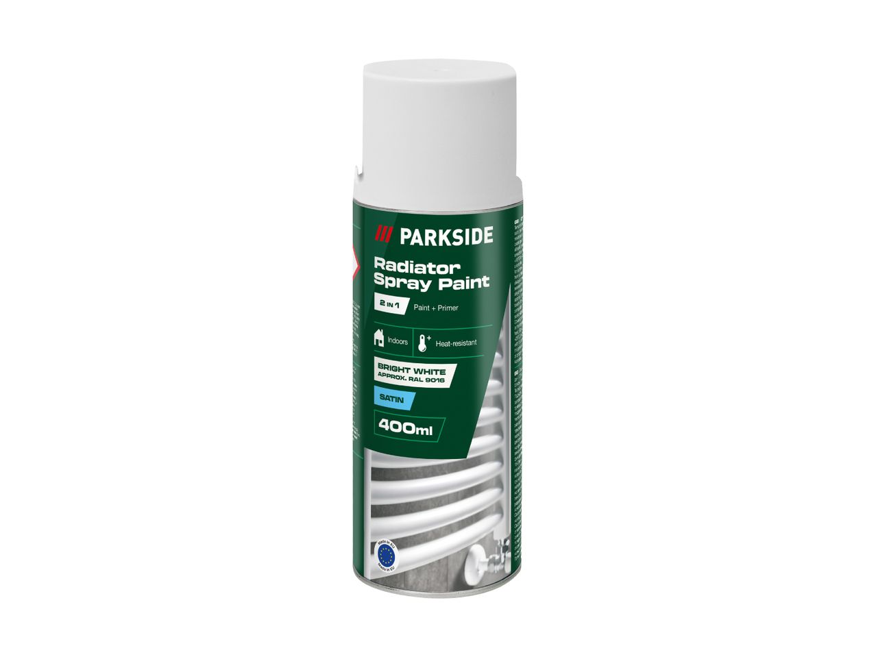 Parkside radiator spraymaling i hvid, 400ml, 2-i-1 maling og primer.