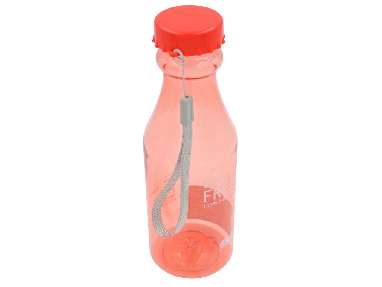 Borraccia d'acqua arancione trasparente con tappo rosso.