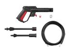 Pressure washer gun with two wands, hose, and accessories.