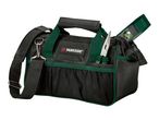 Black and green tool bag with a level and pliers, featuring a shoulder strap and handles.