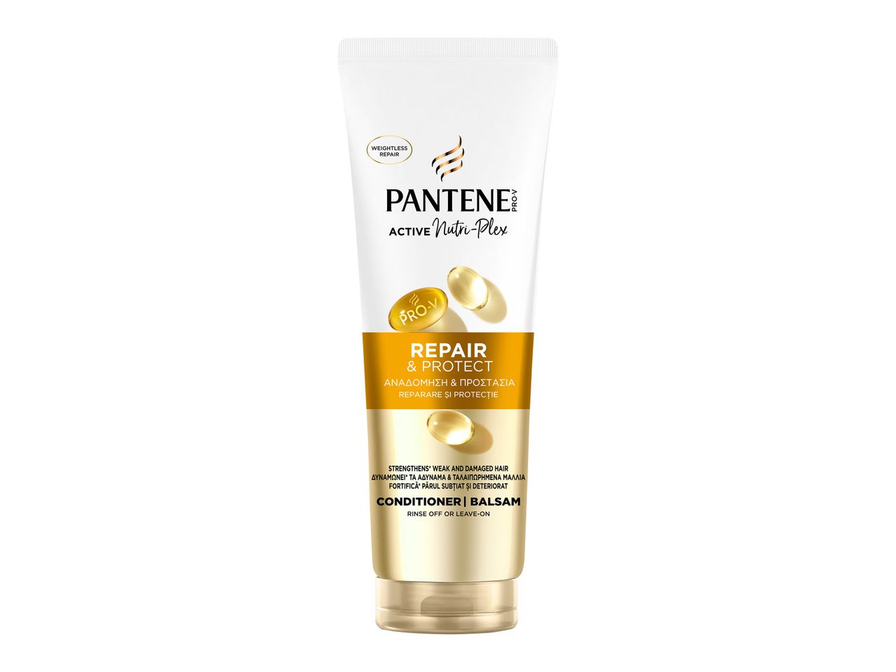 Μια λευκή και χρυσή συσκευασία Pantene Active Nutri-Plex Repair & Protect Conditioner.