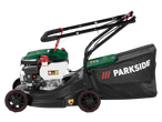 A green and black petrol lawnmower with a grass collection bag, viewed from the side.