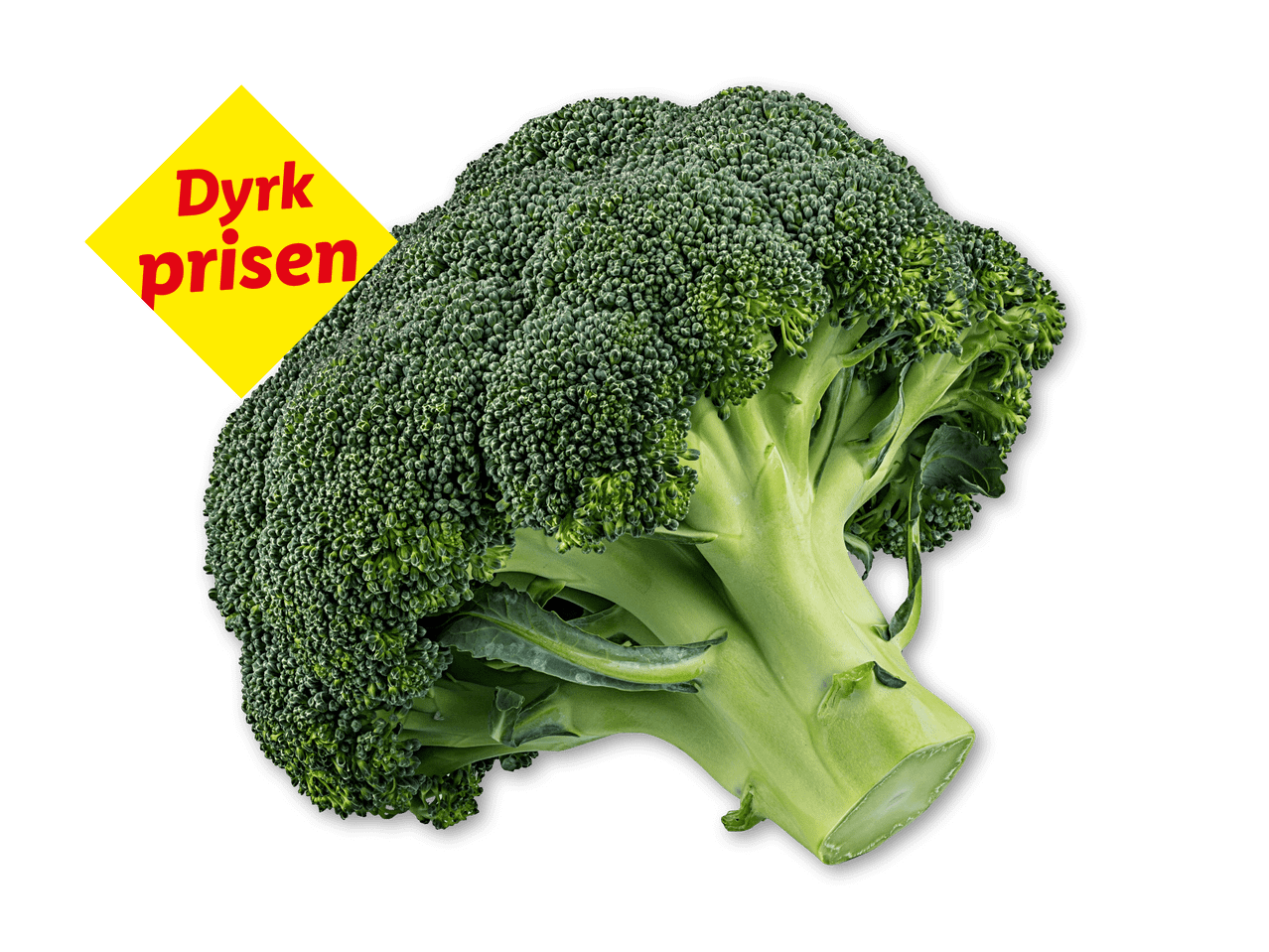 Broccoli med et gult skilt, der siger 'Dyrk prisen'.