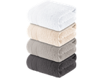 Stack of white, beige, and gray towels.
