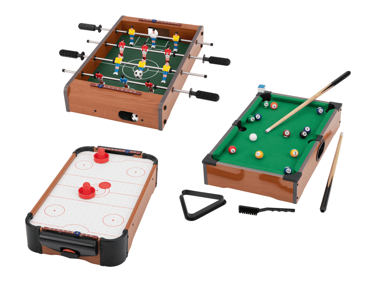 Pöytäjalkapallo, biljardipöytä ja ilmakiekkopöytä.