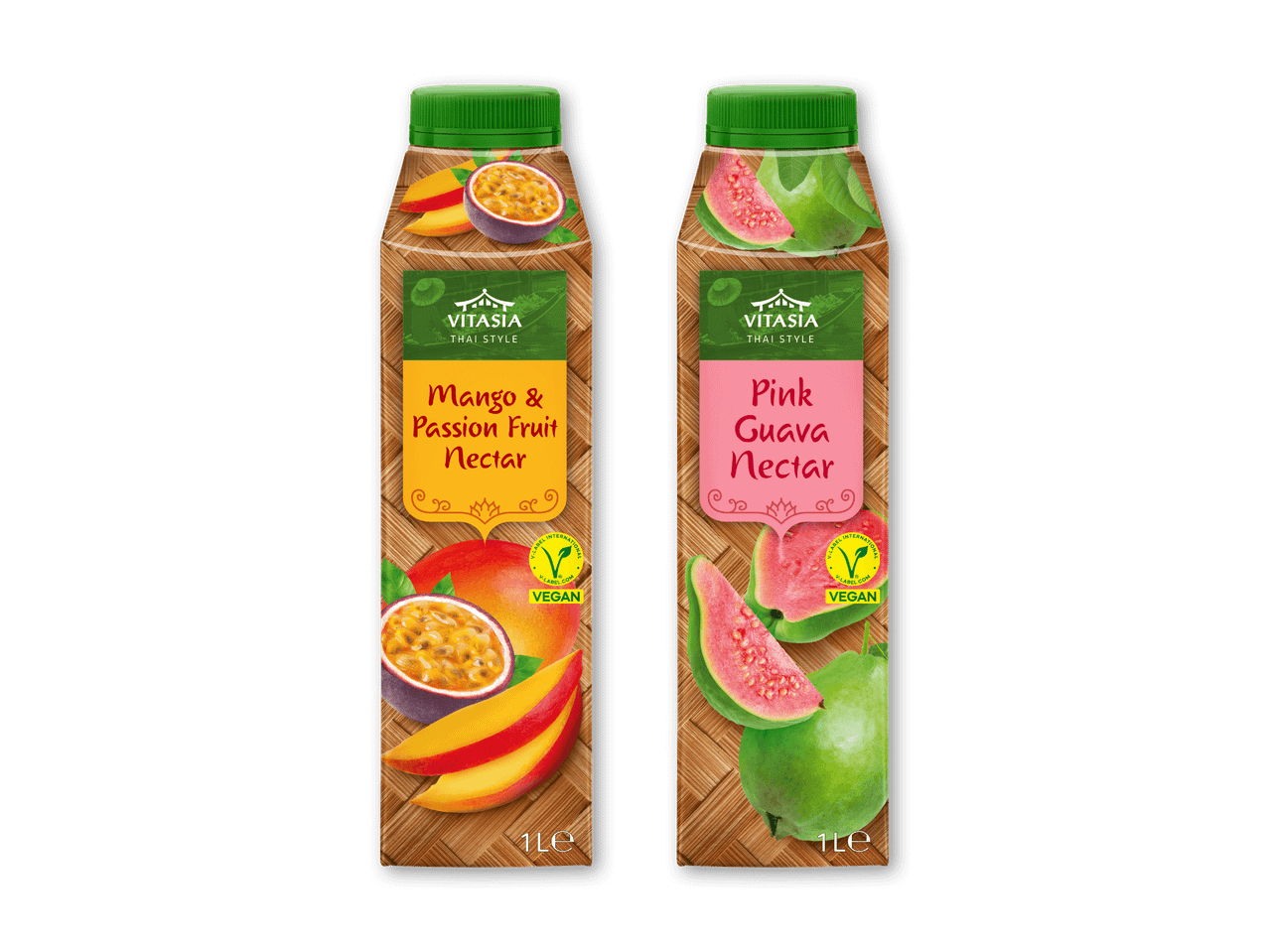 To veganske frugtnektarer i bambus-stil emballage: mango & passionsfrugt og pink guava.