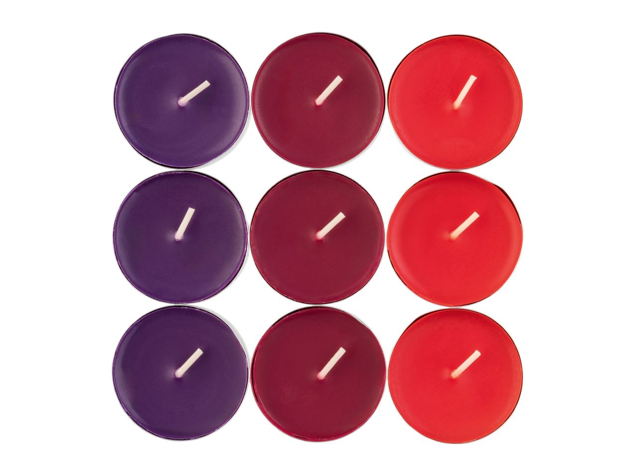 Nine colorful tea light candles in shades of purple, red, and burgundy, arranged in a grid.