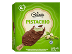 Gelatelli palitos de sorvete sabor pistache cobertos com chocolate ao leite e pedaços de pistache.