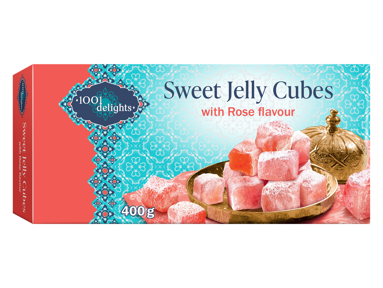 1001 Delights Sweet Jelly Cubes met rozengeur, doos van 400g.