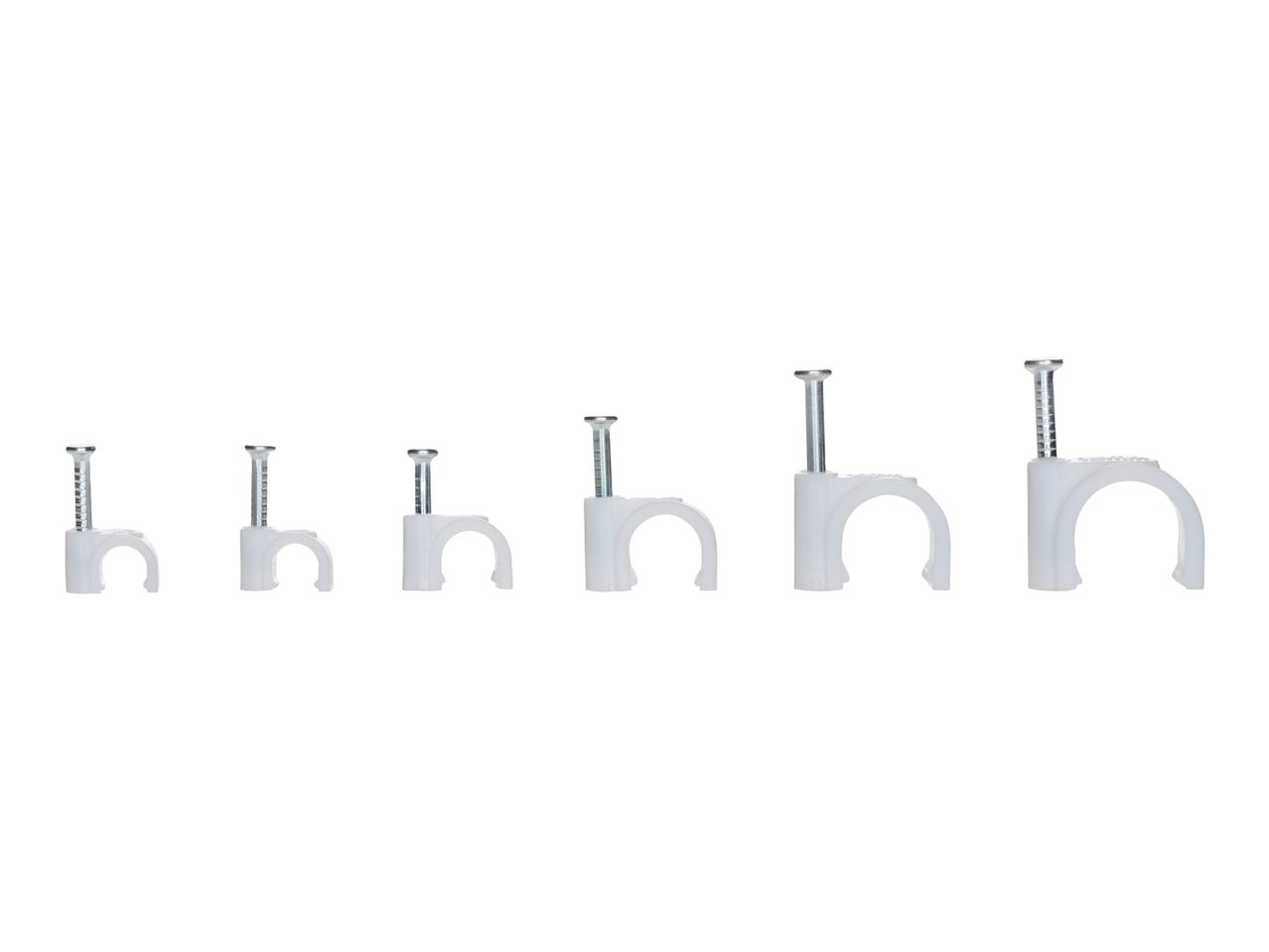 Assortment of white plastic cable clips in various sizes.