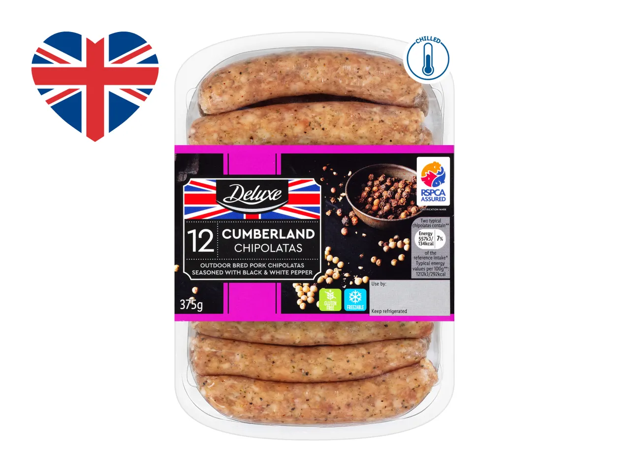 A pack of 12 Cumberland chipolatas, seasoned with black and white pepper, with a Union Jack heart icon.