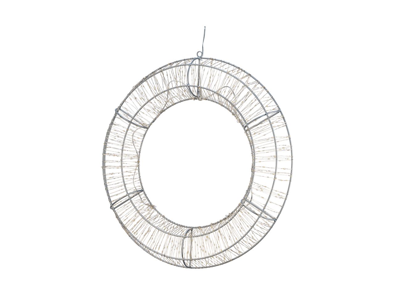 Silver metal ring with warm white LED string lights, ideal for festive decoration.