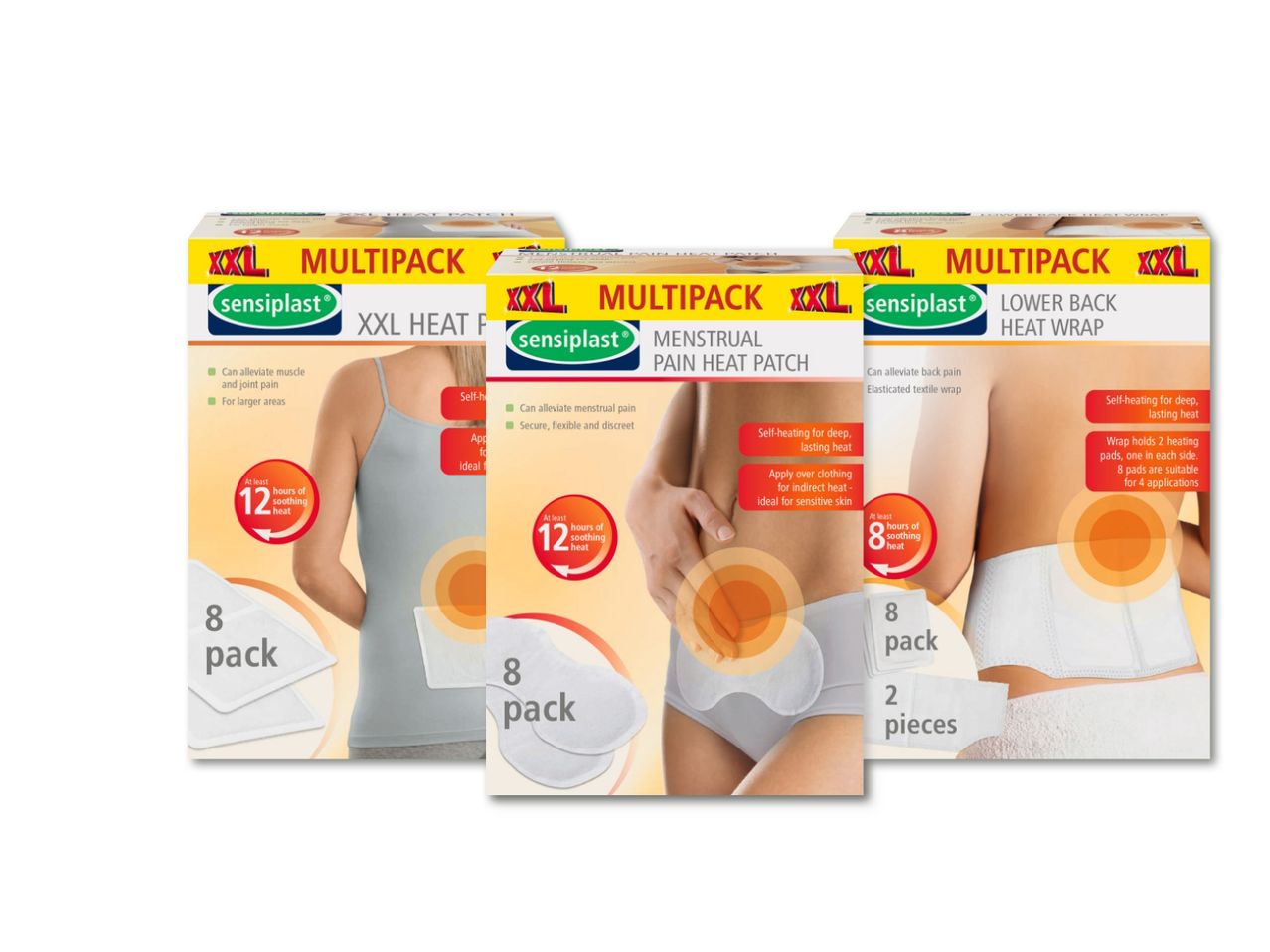 Sensiplast XXL sildošie plāksteri un jostas muskuļu un menstruālo sāpju mazināšanai.