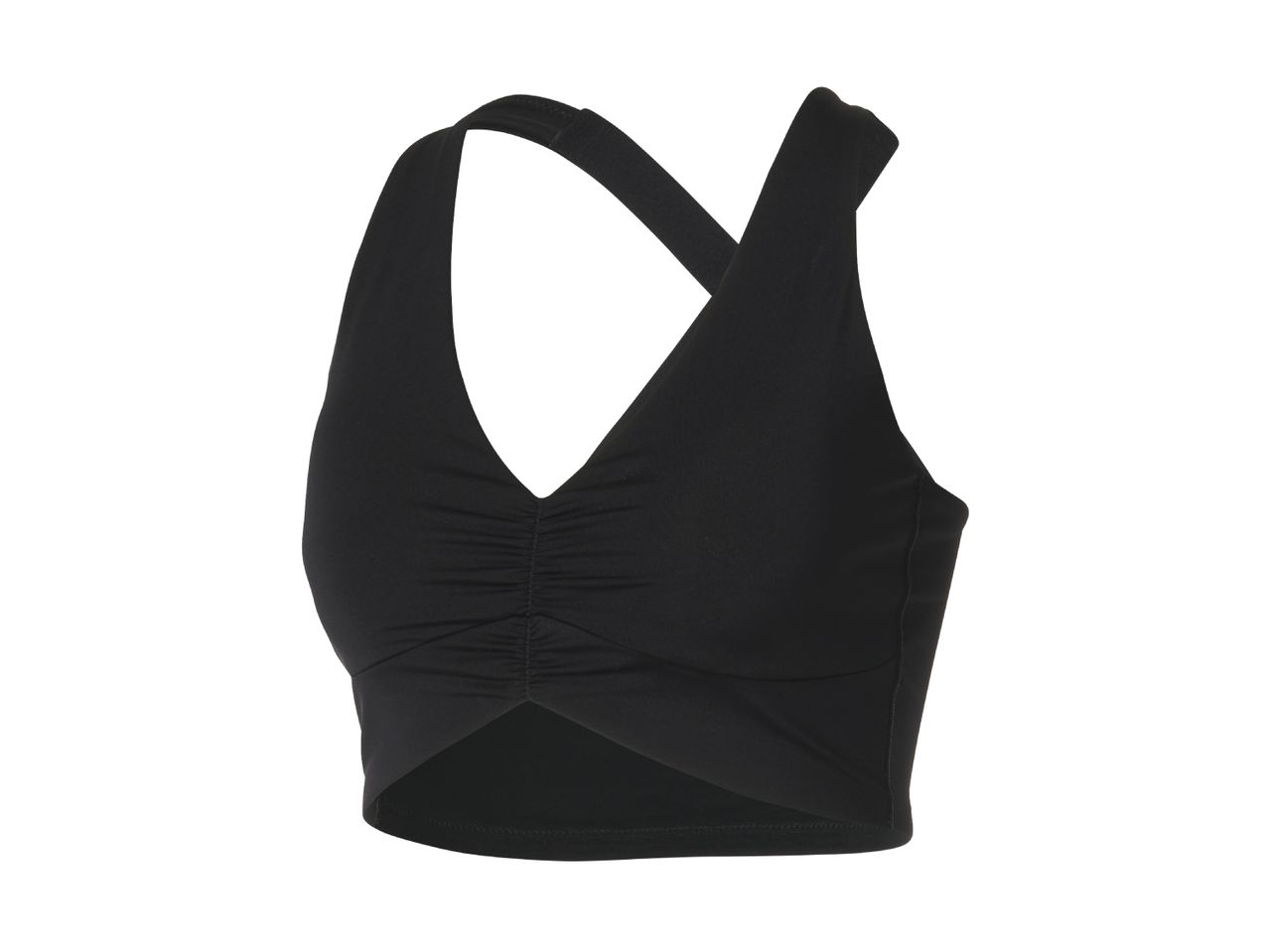Black women's sports bra with a V-neck and ruched front detail.