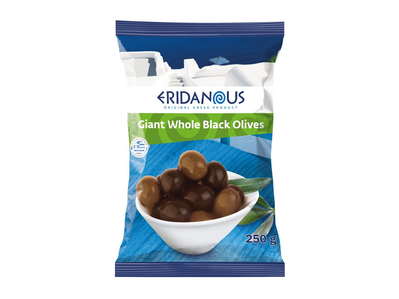 Pouch of giant whole black olives, 250g, with a Greek product label.